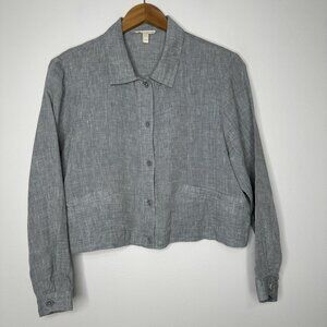 Eileen Fisher 100% Linen Top Size PM Gray Cropped Long Sleeve Organic